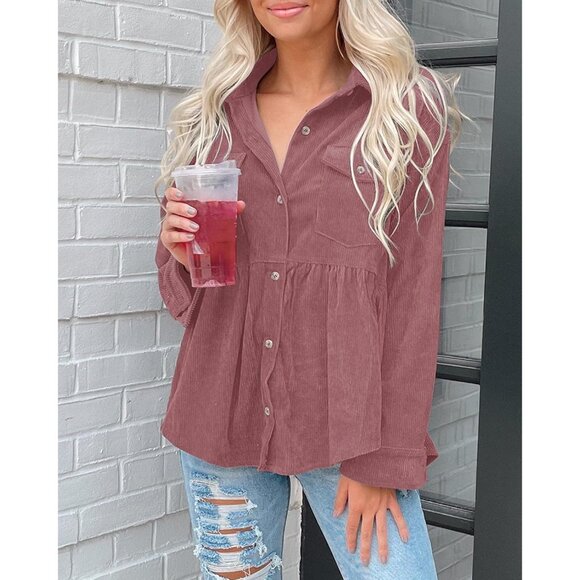 Women’s Corduroy Peplum Shacket Jacket Long Sleeve Button Down Casual Blouse - Picture 4 of 5